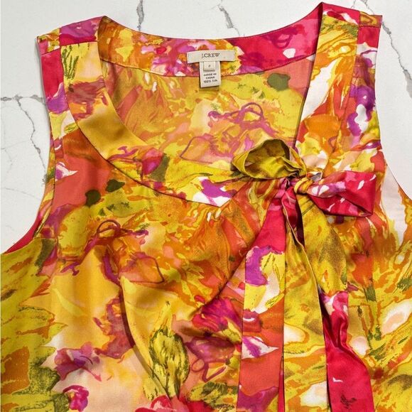 J. Crew | Yellow Pink Floral Print Silk Asymmetric Tie Women’s Sleeveless Blouse - Picture 3 of 13